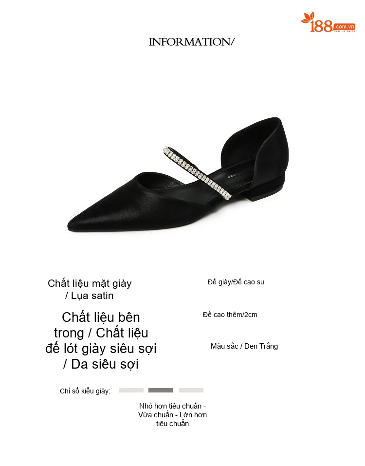 Giày Búp Bê Nữ Mũi Nhọn Hở Bên Chiều Cao Đế Khoảng 2cm Quai Ngang Đính Đá Phong Cách Tiểu Thư Màu Đen, Trắng chi tiết 2
