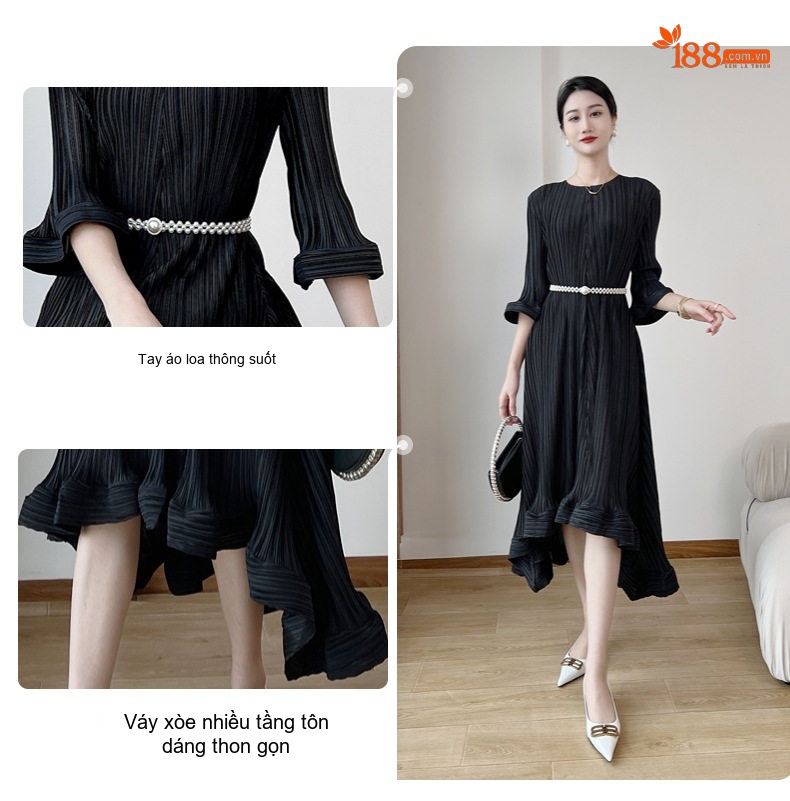 Váy Midi Nữ Thiết Kế Xếp Ly Eo Thun Phong Cách Pháp Màu Tím, Xanh, Đen chi tiết 9