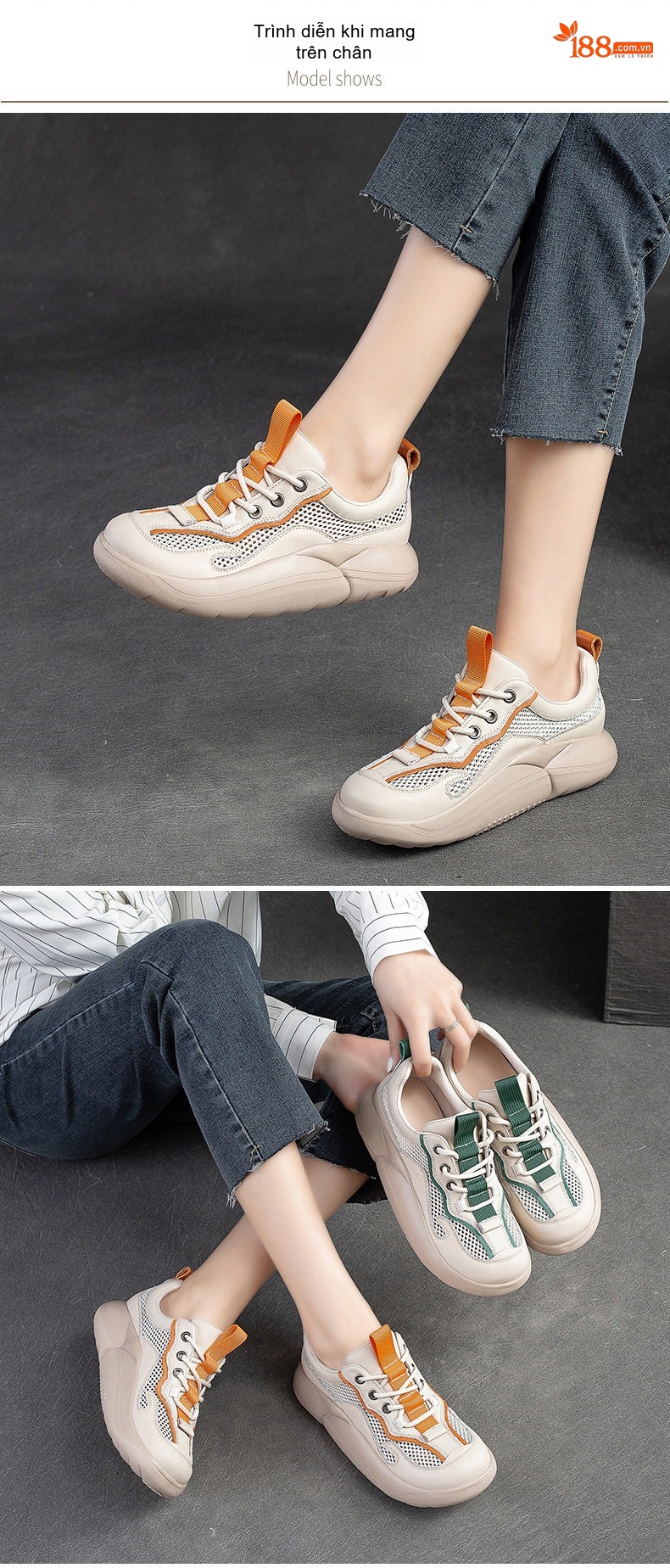 Giày Thể Thao Nữ Da Bò Phối Lưới Buộc Dây Đế Bánh Mì Đế Cao 4cm - 5cm Màu Kem, Xanh Lá, Cam chi tiết 8