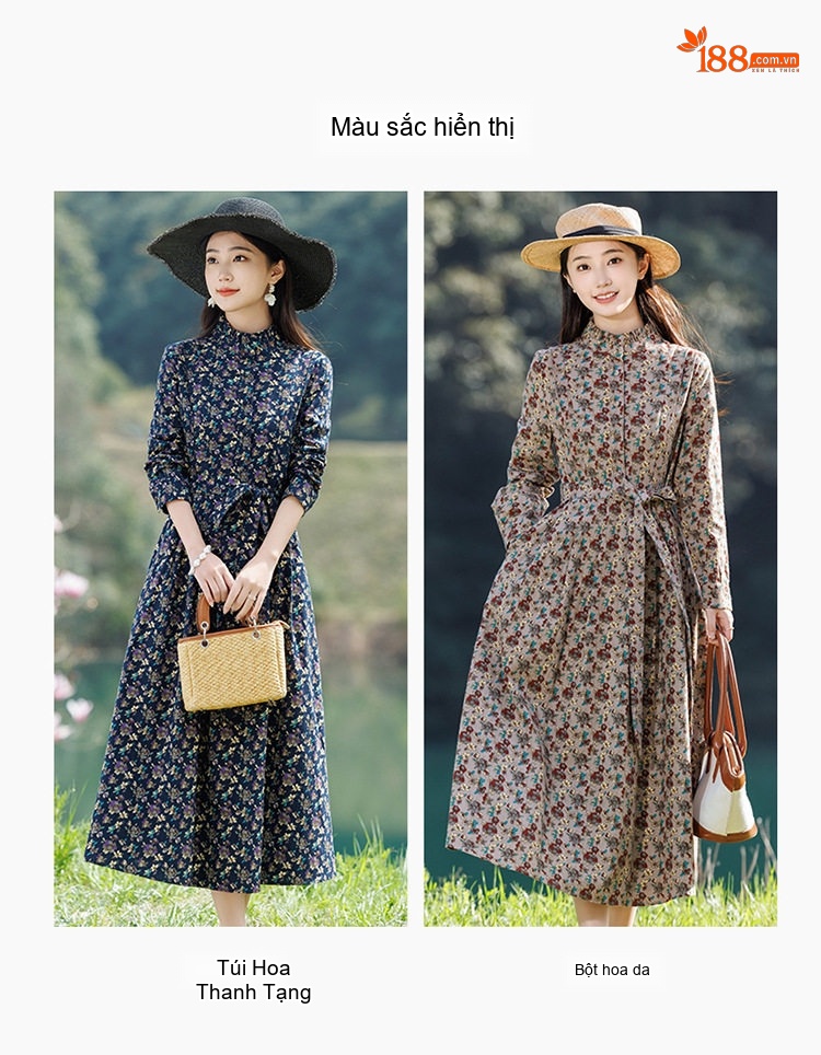 Váy Dài Tay Lỡ Nữ Cổ Trụ Họa Tiết Hoa Vintage Thoáng Mát chi tiết 4