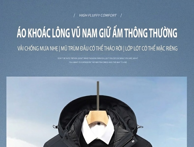 Áo Khoác Lông Vũ Nam 3 Trong 1 Có Mũ Trùm Đầu Chống Nước Giữ Ấm Màu Đen, Xám chi tiết 1