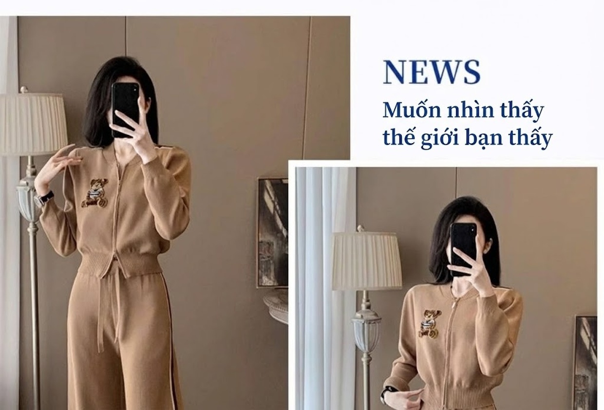 Set Bộ Dệt Kim Áo Khoác Lửng Quần Ống Rộng Phong Cách Thời Trang Màu Nâu chi tiết 9