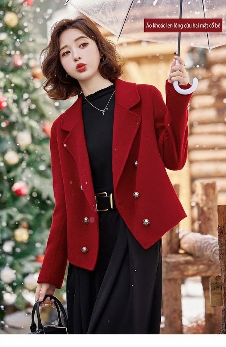 Áo Khoác Dạ Nữ Dáng Vest Hai Mặt Lông Cừu Cashmere Phong Cách Tiểu Thư Màu Đỏ, Xám, Nâu, Kem chi tiết 2