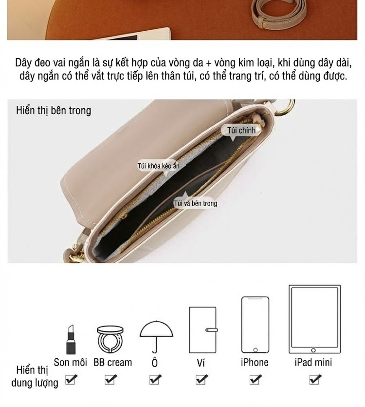Túi Đeo Vai Nữ Da Bò Cao Cấp Thiết Kế Đeo Nách Thời Trang Màu Trắng Kem, Vàng Nghệ chi tiết 5