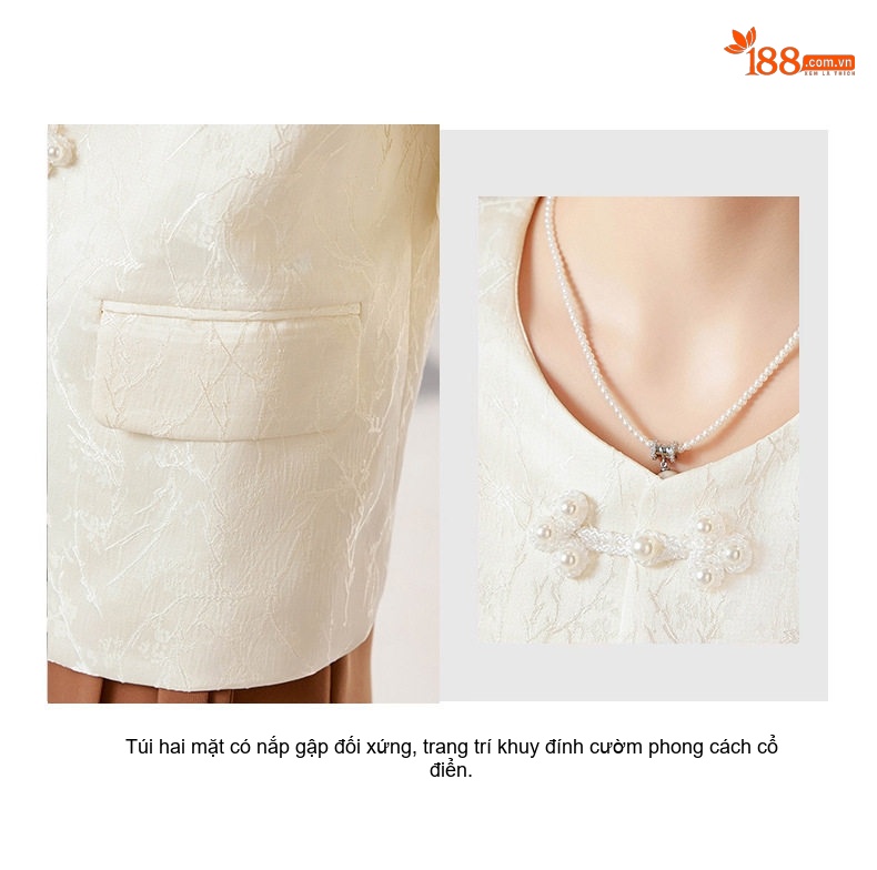 Áo Khoác Lửng Trung Hoa Cổ Điển Tay Dài Khuy Nút Thắt Jacquard Màu Trắng, Đen chi tiết 9