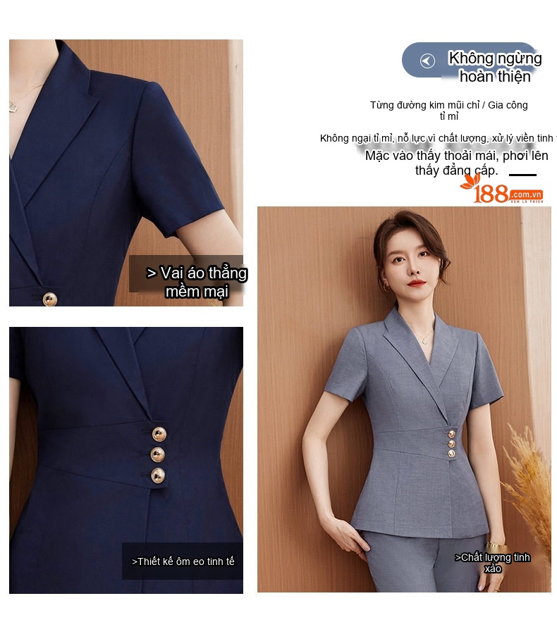 Bộ Vest Công Sở Nữ Tay Ngắn Áo Khoác Chân Váy Màu Đen, Xám, Xanh Navy chi tiết 5