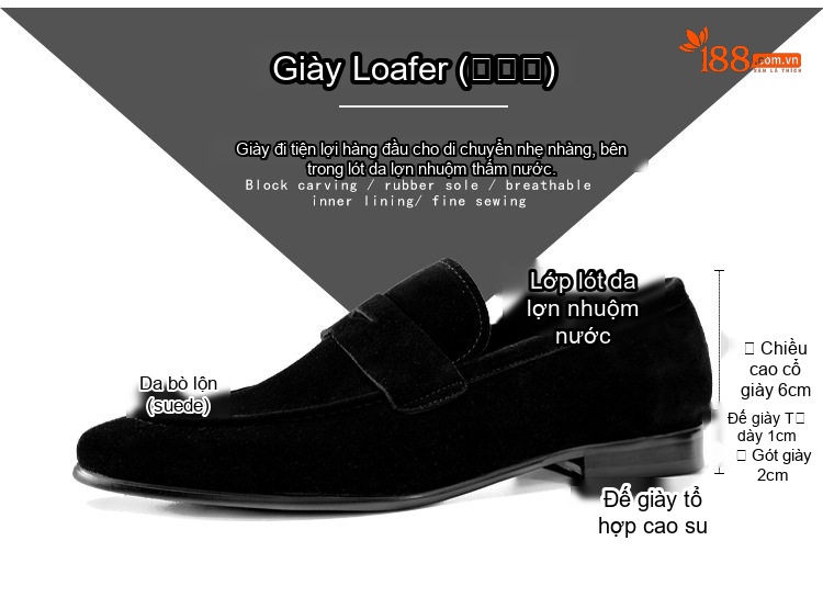 Giày Lười Nam Da Bò Lộn Phong Cách Anh Quốc Chiều Cao Đế Khoảng 3cm Màu Nâu, Đen chi tiết 2
