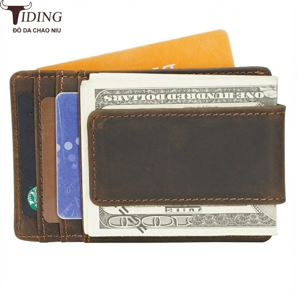 Ví Da Bò Ngắn RFID Chống Trộm Có Kẹp Tiền Màu Nâu, Đen