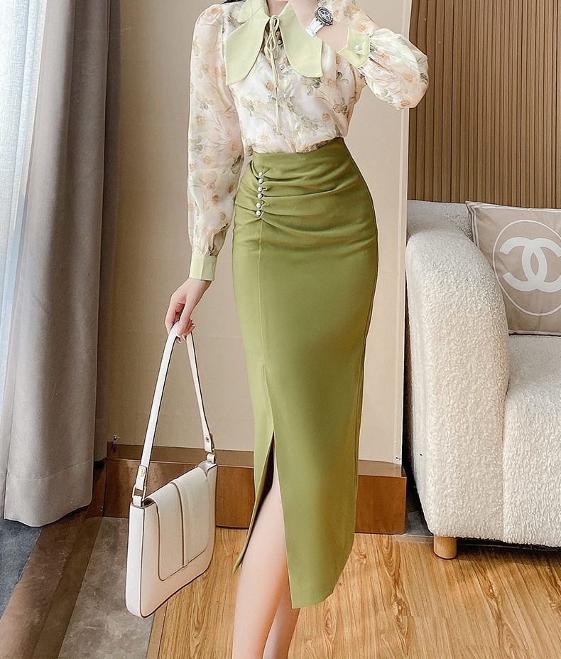 Set Bộ Áo Sơ Mi Tay Dài và Chân Váy Bút Chì Ôm Hông Xẻ Tà Phong Cách Công Sở OL Màu Xanh Olive chi tiết 12