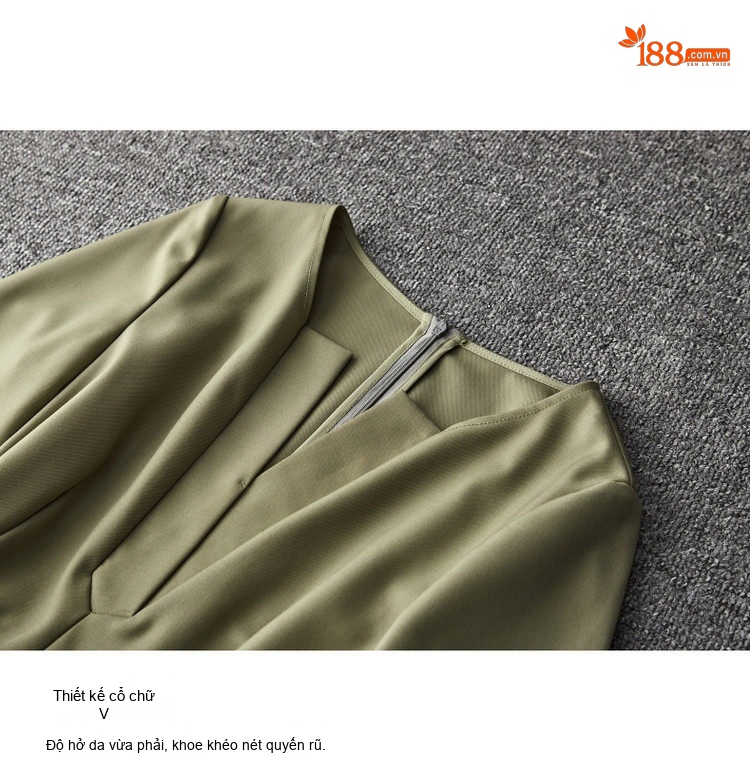 Váy Chữ A Nữ Cổ chữ V Tay Dài Tay Eo Cao Thanh Lịch Màu Xanh Olive, Đen chi tiết 4