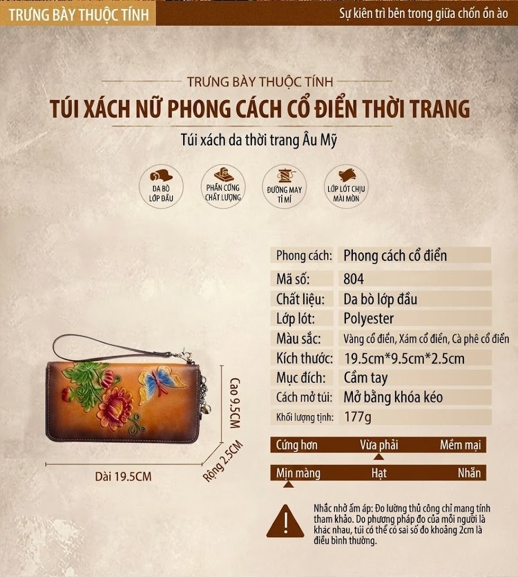 Ví Nữ Da Bò Dáng Dài Khóa Kéo Phong Cách Cổ Điển Màu Nâu, Xanh Navy chi tiết 11