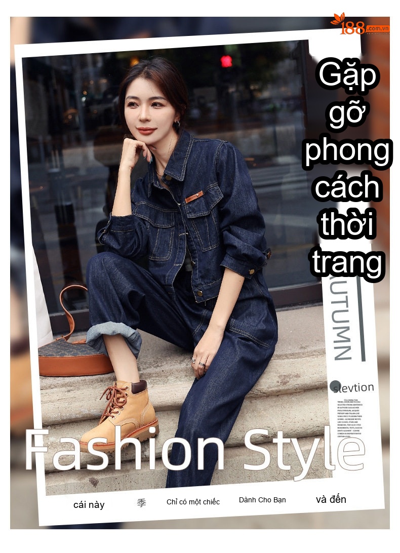 Set Bộ Quần Áo Nữ Jean Dáng Suông Công Sở Thanh Lịch Màu Xanh Navy chi tiết 4