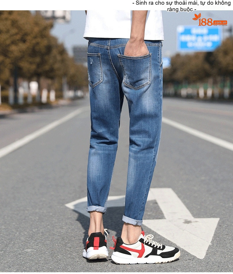 Quần Jean Nam Dáng Slim Fit Ống Lửng Phong Cách Casual Màu Xanh chi tiết 21
