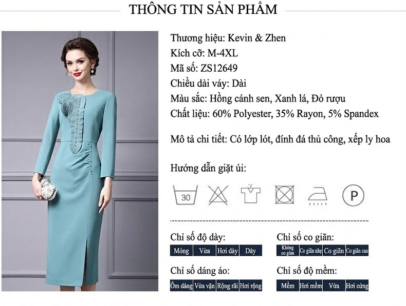 Váy liền thân Nữ Dáng Dài Tay Dài Chiết Ly Thủ Công Cao Cấp Màu Xanh Lam chi tiết 18