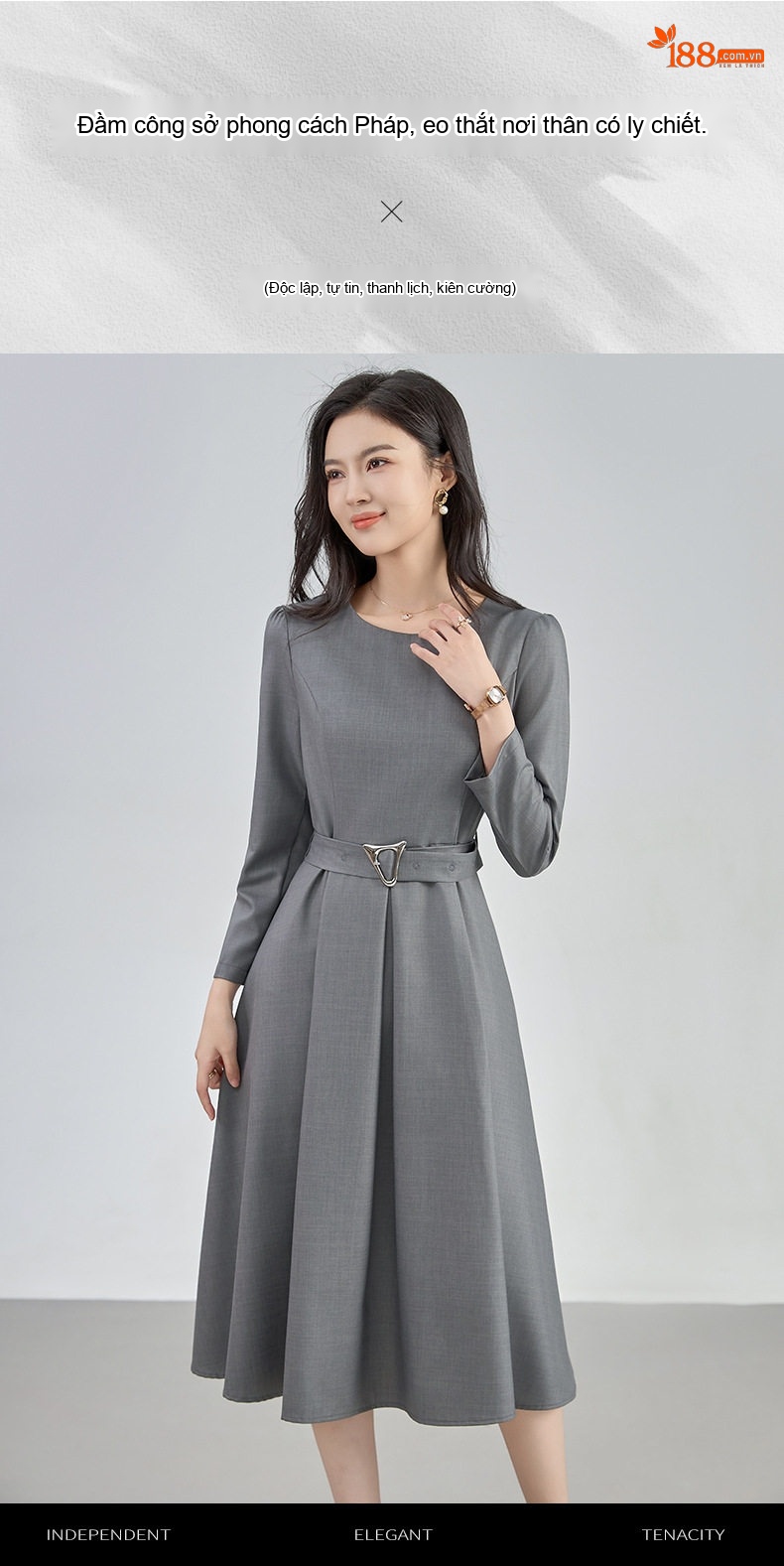 Váy liền thân Nữ Tay Dài Thiết Kế Thắt Eo Dáng Ôm Thanh Lịch Màu Xám, Tím chi tiết 1