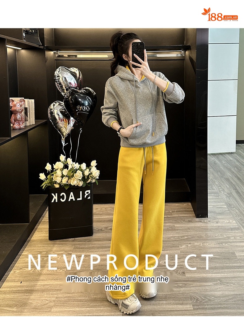 Bộ đồ thể thao nữ áo hoodie quần dài vải nỉ lót lông màu xám chi tiết 1