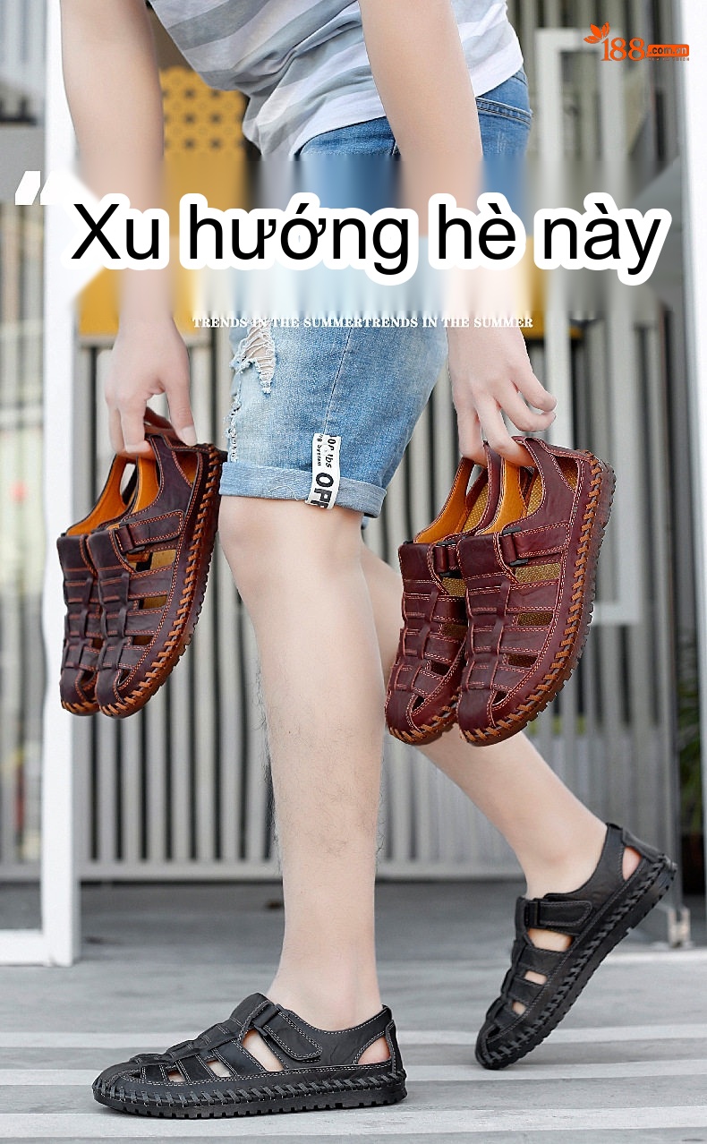 Dép Sandal Nam Da Thật Thủ Công Quai Dán Thoáng Khí Chiều Cao Đế Khoảng 2cm Màu Nâu, Đen chi tiết 3