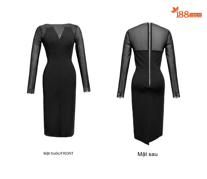 Váy liền thân Nữ Lưới Tay Dài Ôm Body Màu Đen chi tiết 6