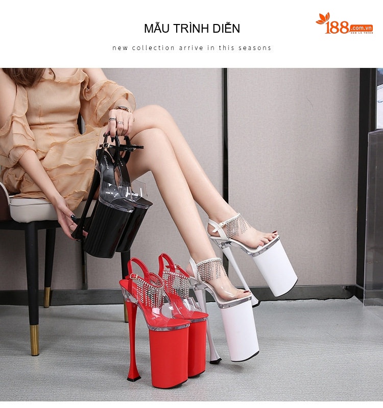 Giày Sandal Cao Gót Nữ Quai Trong Suốt Gót Trụ Đính Đá Gót Cao 26cm Màu Đen, Đỏ, Trắng... chi tiết 9