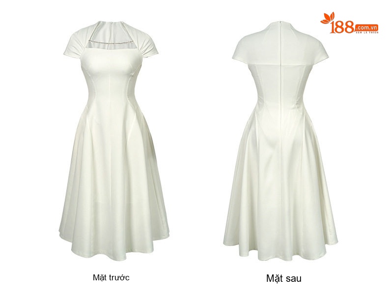 Váy Đầm Xòe Cổ chữ Vuông Tay Ngắn dáng chữ A Chữ Thắt Eo Phong Cách Hepburn Màu Đen, Trắng chi tiết 7