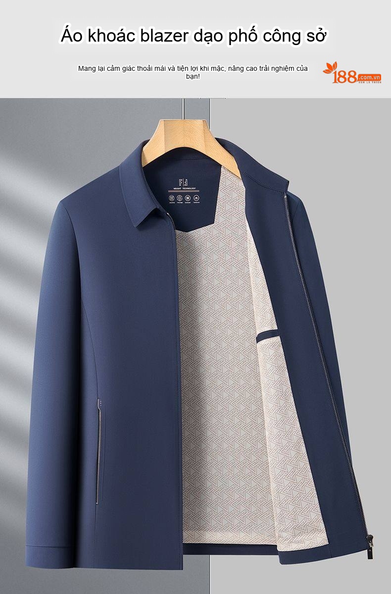 Áo Khoác Nam Cổ Bẻ Khóa Kéo Phong Cách Doanh Nhân Màu Xanh Navy chi tiết 1