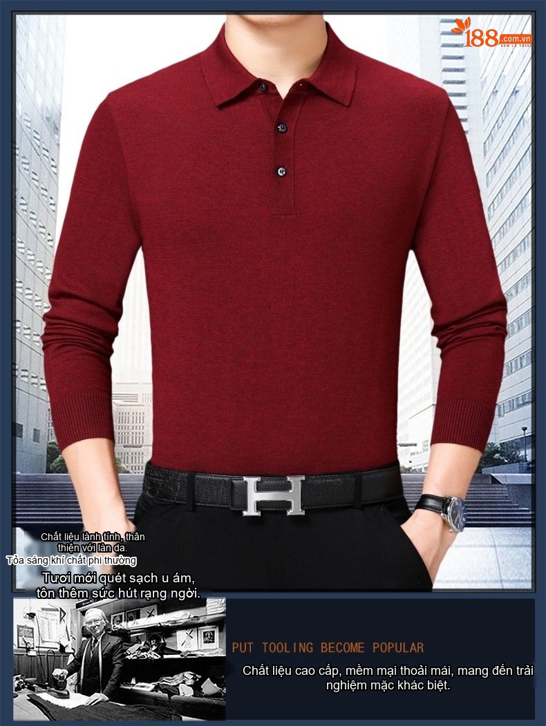 Áo Thun Polo Nam Dài Tay Cashmere Dáng Ôm Vừa Vặn Màu Đen, Đỏ, Xanh Dương, Xám... chi tiết 1