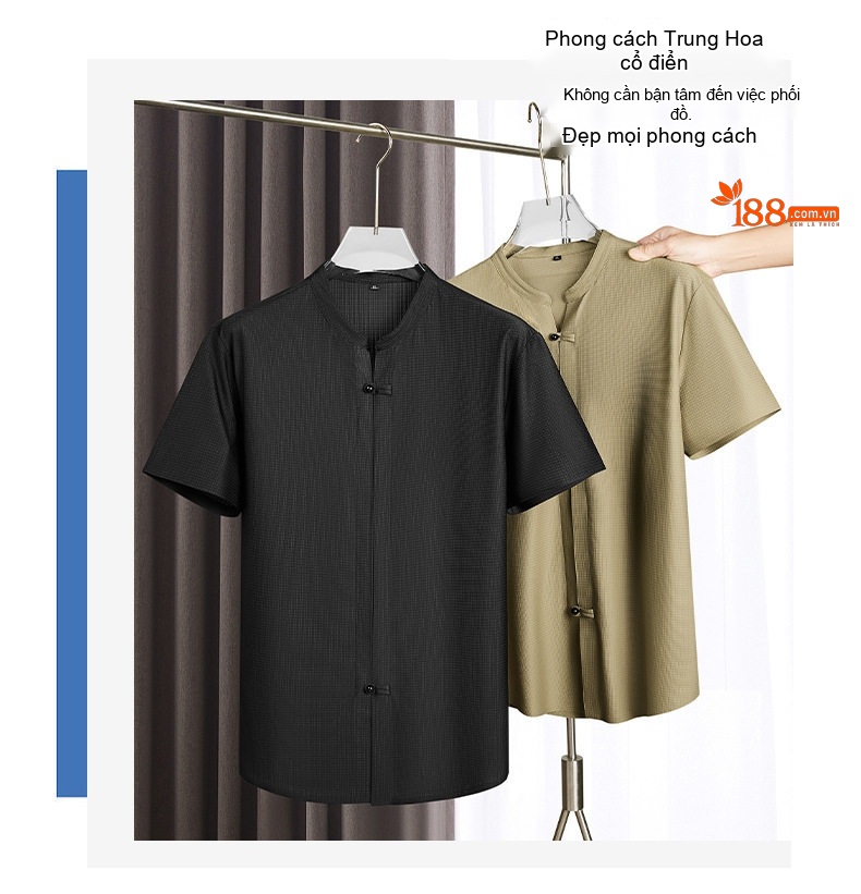 Áo Thun Nam Tay Ngắn Cổ Tàu Dáng Rộng Phong Cách Trung Hoa Màu Be, Đen chi tiết 6