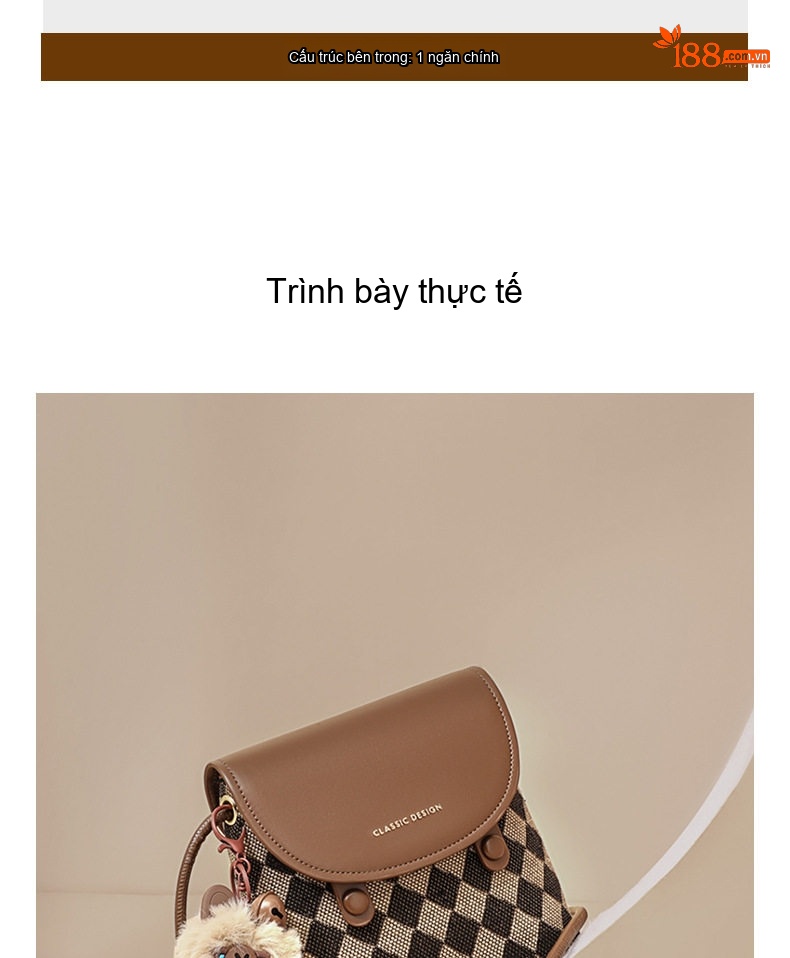 Túi Đeo Chéo Nữ Họa Tiết Caro Vintage Da Bóng Dáng Thùng Thời Trang Màu Nâu, Đen chi tiết 7