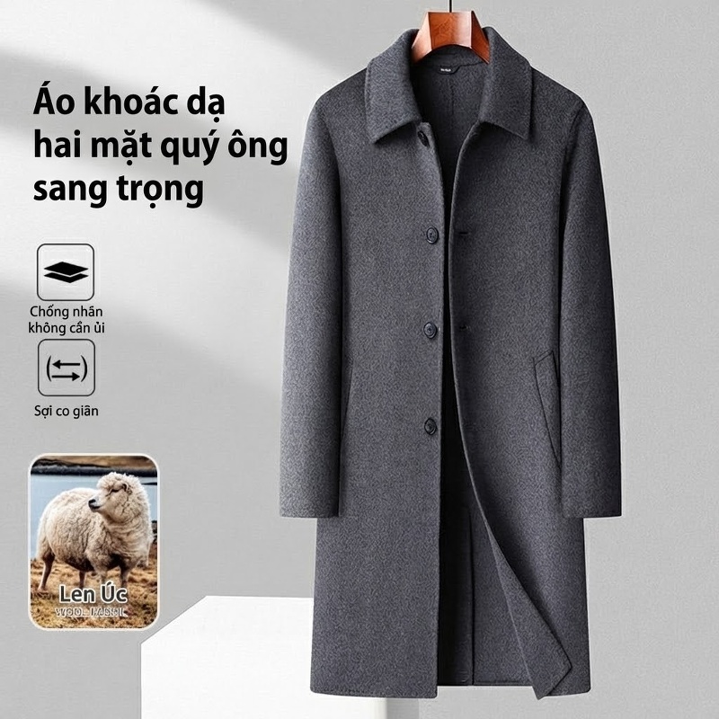 Áo Khoác Nam Dáng Dài Hai Mặt Cổ Bẻ Chất Liệu Lông Cừu Màu Đen, Xám