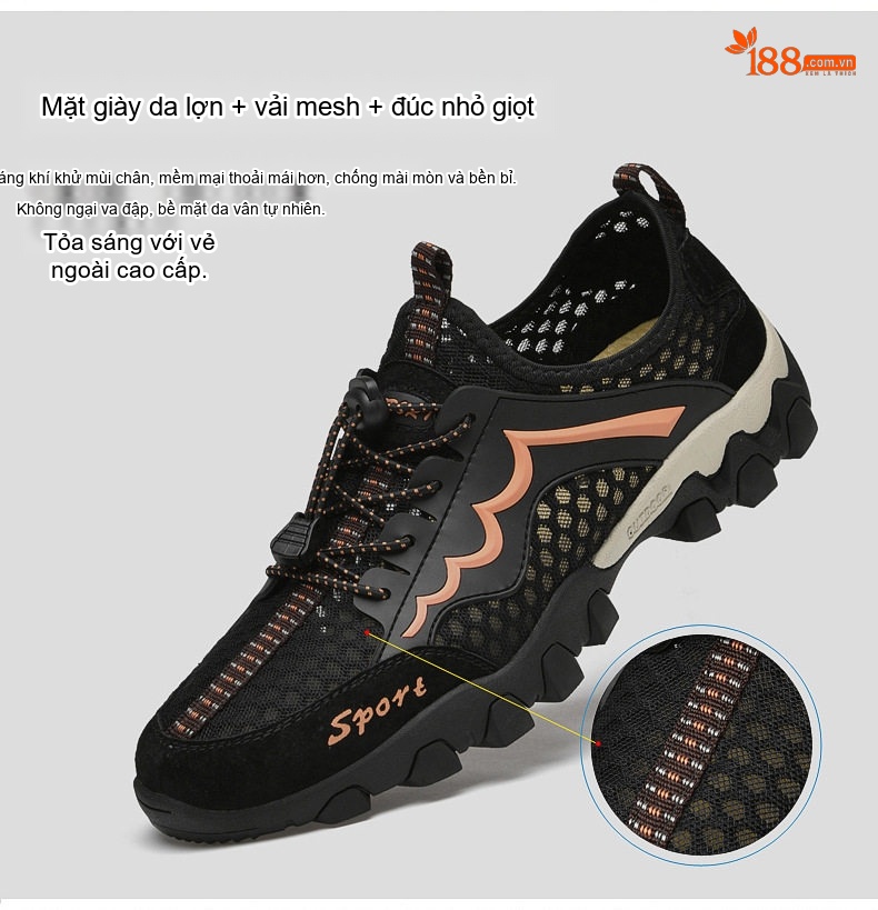 Giày Leo Núi Nam Lưới Thoáng Khí Nhanh Khô Chiều Cao Đế Khoảng 3cm Màu Xám, Đen, Nâu chi tiết 5