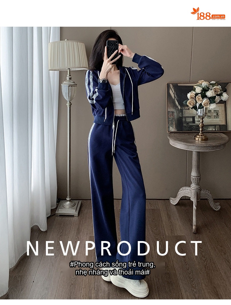 Bộ Quần Áo Thể Thao Nữ Thu Đông Dáng Rộng Áo Khoác Hoodie Quần Dài Màu Xanh Navy chi tiết 1