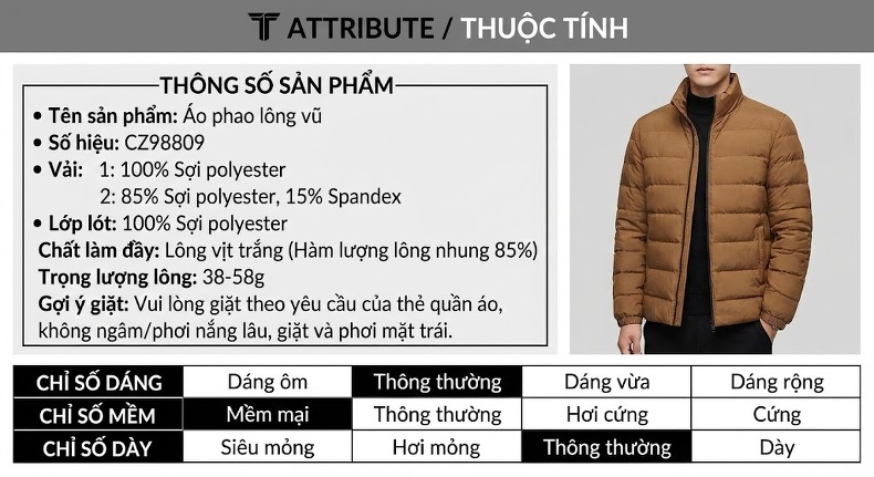 Áo Khoác Phao Lông Vũ Nam Mỏng Nhẹ Có Mũ Dệt Kim Tay Áo Màu Nâu, Xám, Đen chi tiết 13