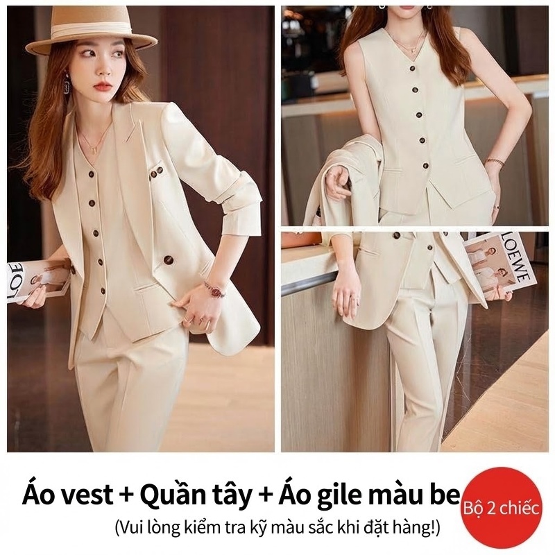 Bộ Vest Công Sở Nữ 3 Món Áo Khoác, Áo Gile, Quần Dài Màu Hồng, Kem, Xanh Navy