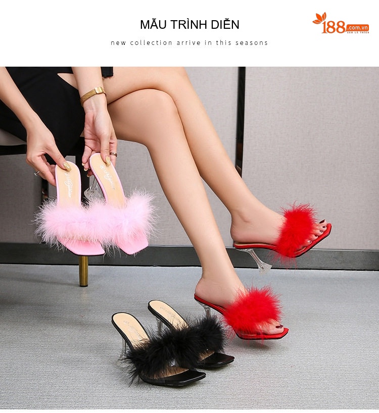 Dép Cao Gót Nữ Quai Ngang Mũi Vuông Đính Lông Chiều Cao Đế Khoảng 7cm Màu Đen, Hồng, Đỏ... chi tiết 17