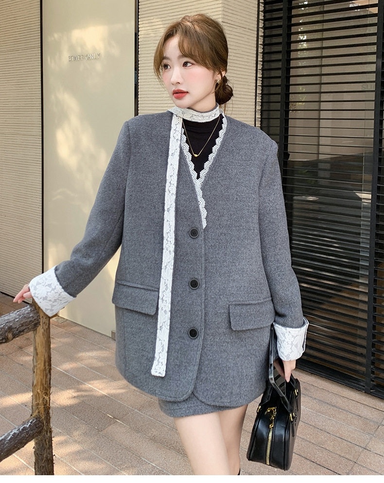 Bộ Áo Blazer Quần Short Nữ Vải Lông Cừu Phong Cách Tiểu Thư Hàn Quốc Lót Lông Vũ Dày Dặn Màu Xám chi tiết 37
