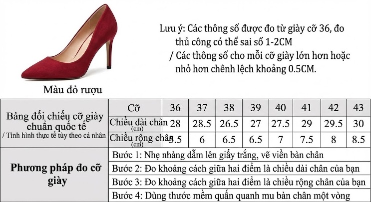 Giày Cao Gót Nữ Nỉ Mũi Nhọn Chiều Cao Đế Khoảng 8cm Màu Đỏ chi tiết 3