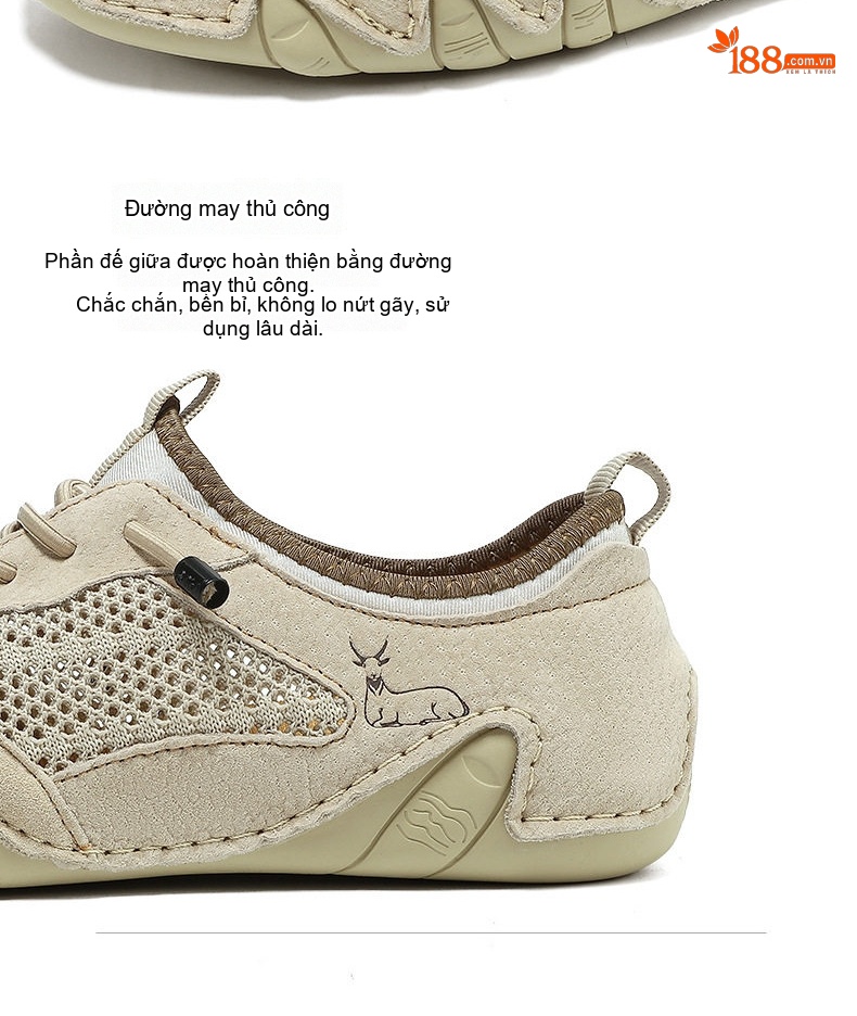 Giày Thể Thao Nam Khâu Viền Da Thật Lưới Thoáng Khí Chiều Cao Đế Khoảng 3cm Màu Nâu, Xám, Kem... chi tiết 9