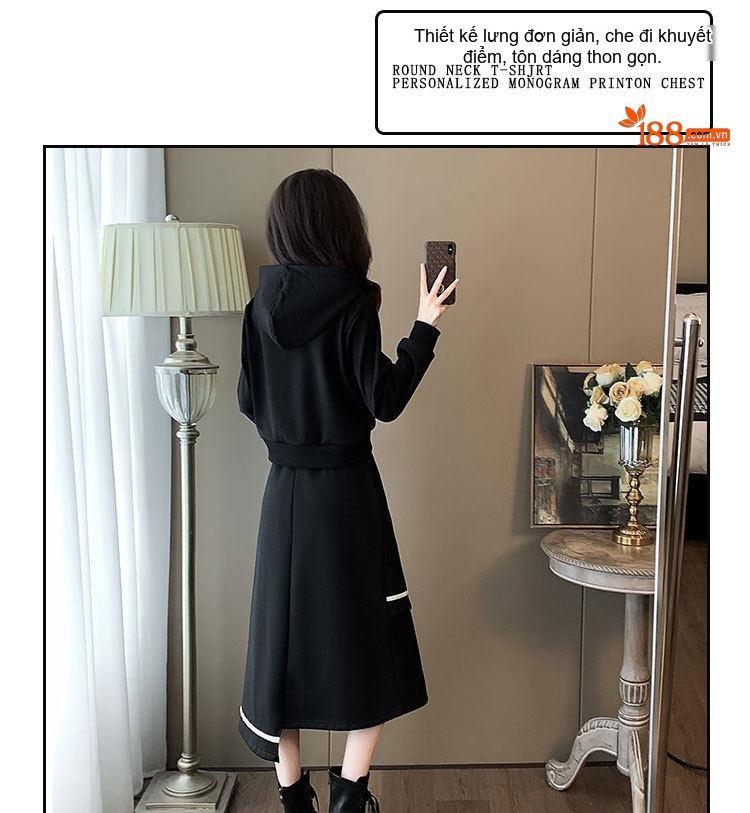 Set Bộ Áo Hoodie và Chân Váy Dáng Dài Lót Lông Màu Đen chi tiết 4