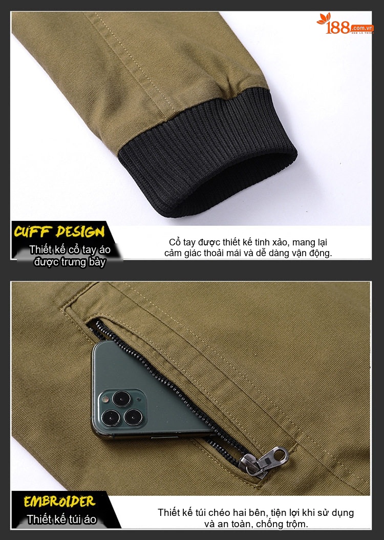 Áo Khoác Bomber Nam Cotton Dáng Đứng Cổ Giản Dị Màu Xanh Olive, Đỏ, Xanh Lá, Đen... chi tiết 18