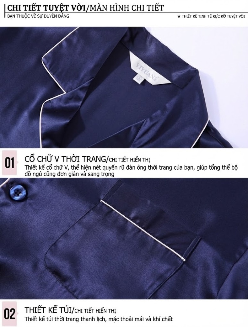 Bộ Đồ Ngủ Lụa Tơ Tằm Dài Tay Nam 100%桑蚕丝 Mùa Xuân Hè Màu Xanh Navy, Vàng Be, Xám, Đỏ chi tiết 22
