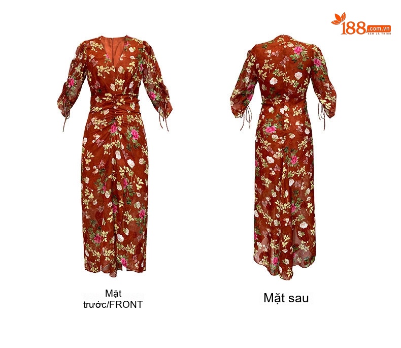 Váy Tea Dress Nữ Họa Tiết Hoa Cổ Điển Thắt Dây Eo Nhún Bèo Màu Nâu Đỏ chi tiết 4