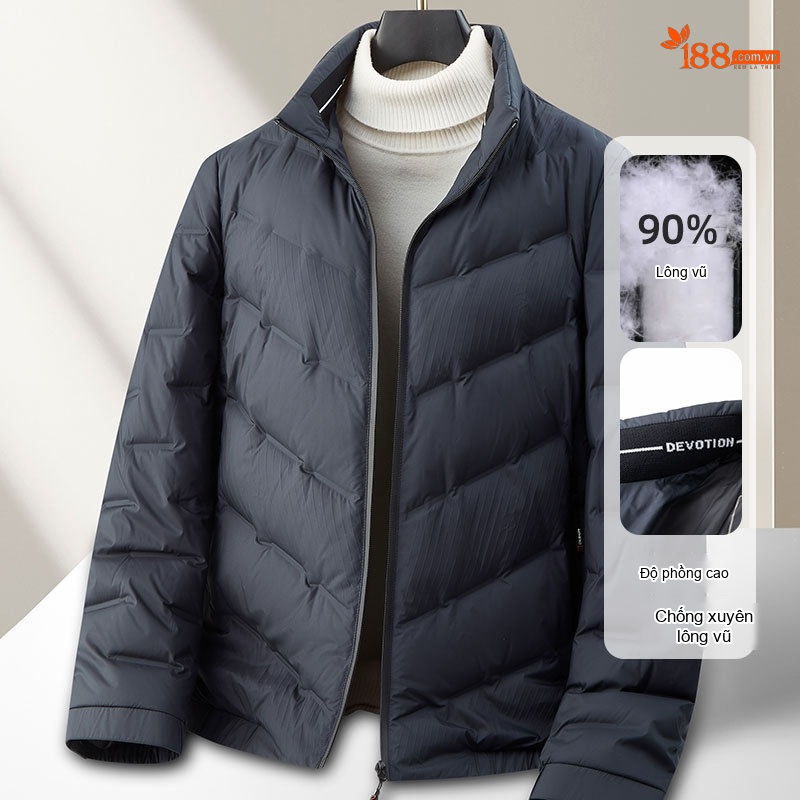 Áo Khoác Phao Nam 90% Lông Vịt Dáng Ôm Khóa Kéo Cổ Đứng Giữ Ấm Màu Xám, Xanh Đen, Xanh Rêu