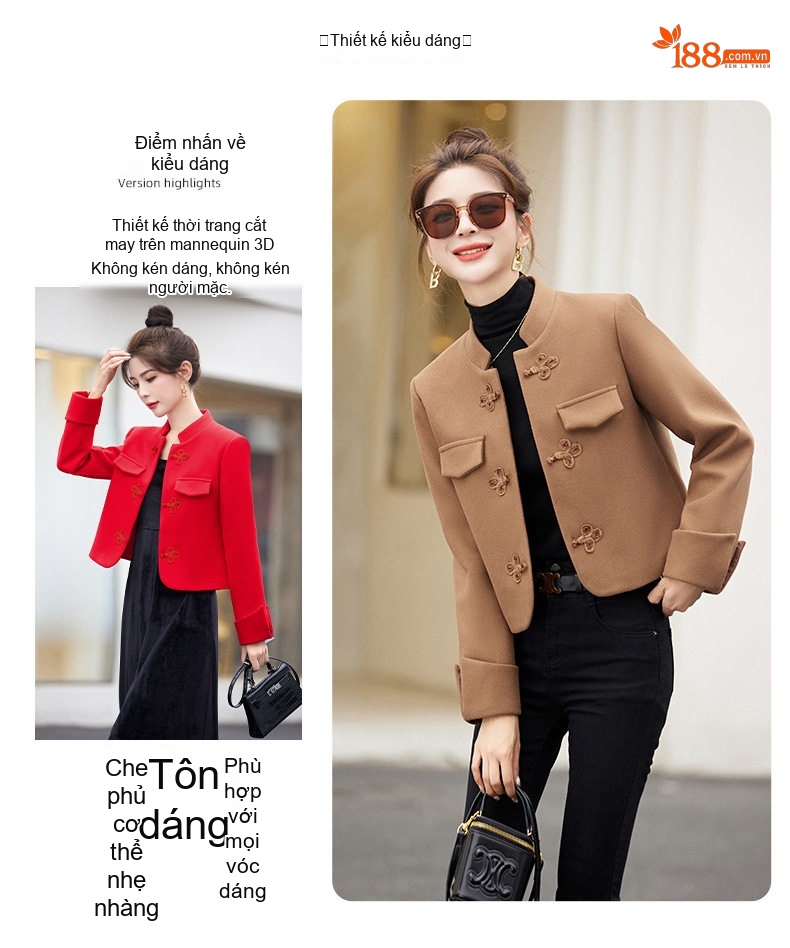 Áo Khoác Lông Cừu Cổ Tàu Tay Lỡ Khuy Nút Phong Cách Trung Hoa Màu Be, Nâu, Đỏ chi tiết 7