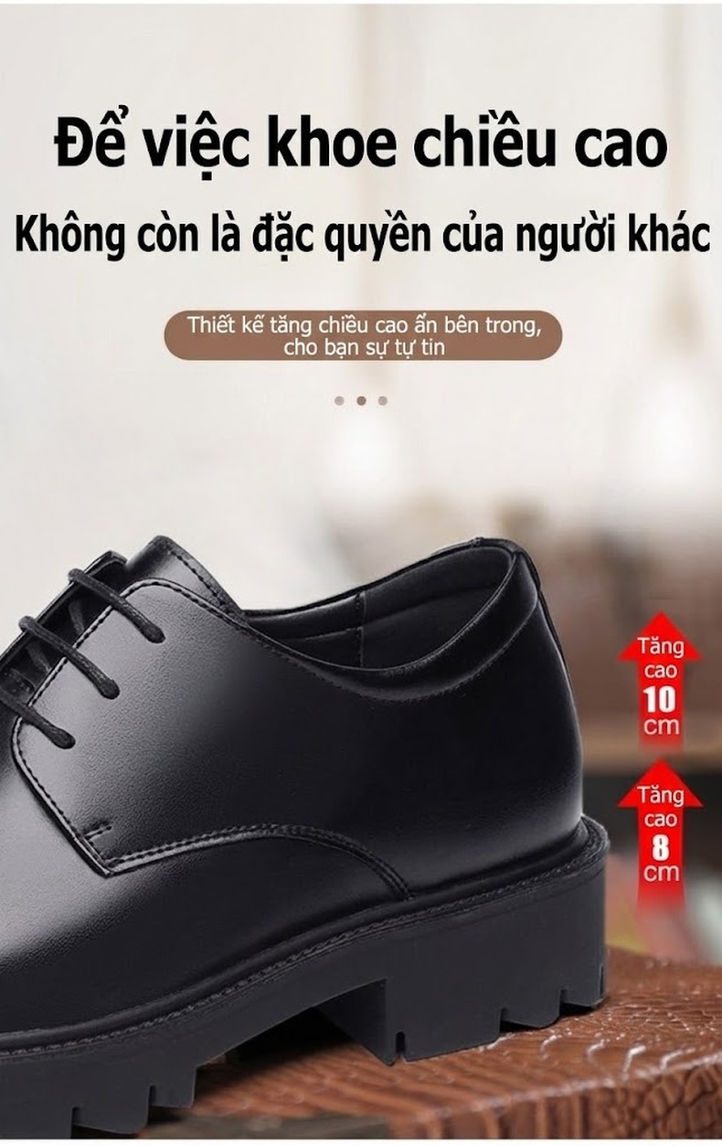 Giày Tây Buộc Dây Nam Da Bò Chiều Cao Đế 8cm Phong Cách Anh Quốc Màu Đen chi tiết 2