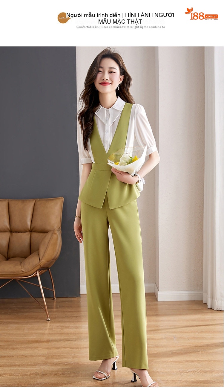 Set Bộ Quần Dài Áo Sơ Mi Tay Lỡ Kèm Áo Gile Nữ Phong Cách Tối Giản Thanh Lịch Màu Be, Đen, Xanh Lá, Tím... chi tiết 16