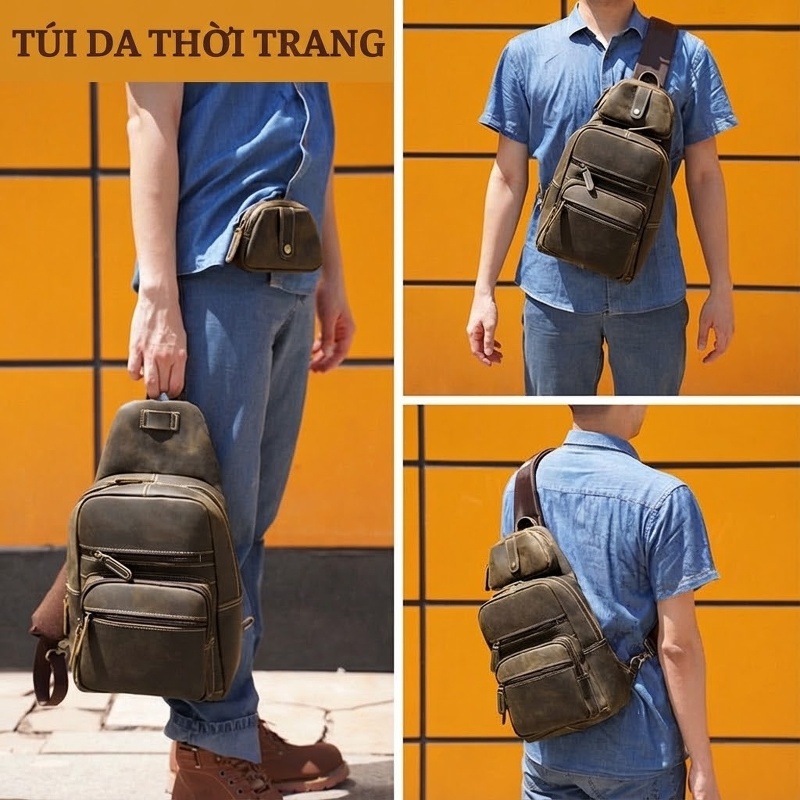 Túi Đeo Chéo Ngực Nam Da Bò Vintage Nhiều Ngăn Kèm Túi Nhỏ Tháo Rời Màu Nâu