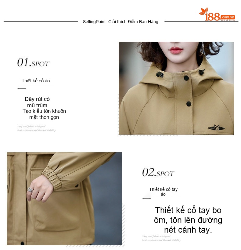 Áo Khoác Gió Nữ Dáng Vừa Có Mũ Trùm Đầu Phong Cách Công Sở Màu Be, Đỏ, Trắng chi tiết 5
