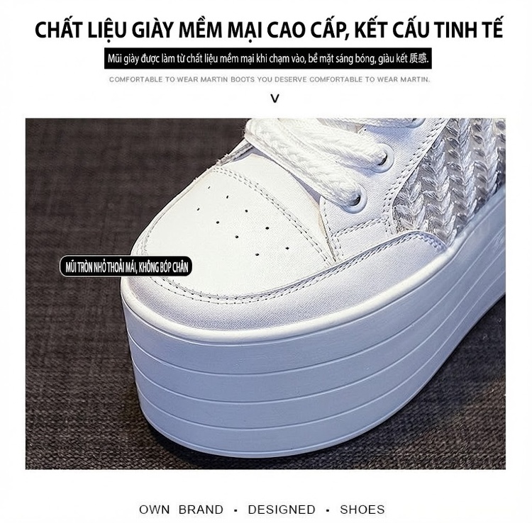 Giày Thể Thao Nữ Lưới Thoáng Khí Đế Dày 12cm Phong Cách Thời Trang Màu Trắng, Đen chi tiết 10