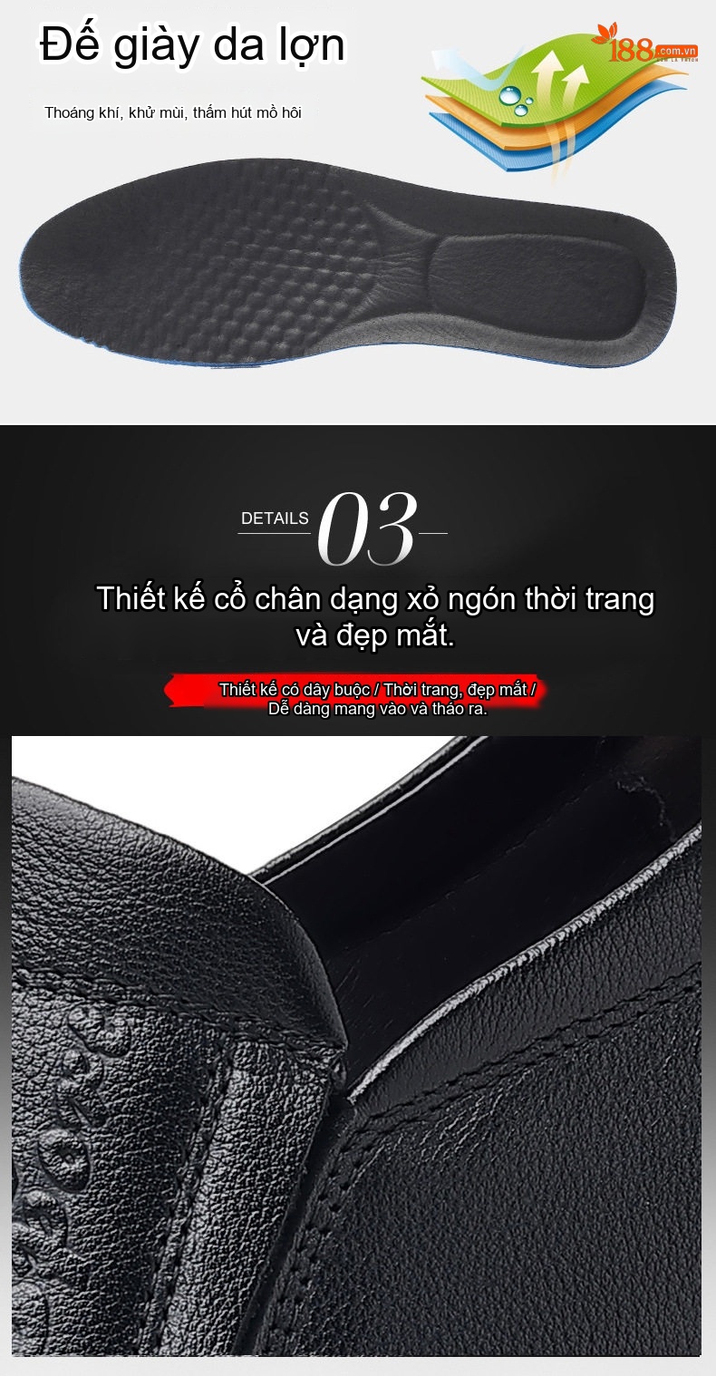 Giày Lười Nam Da Bò Đầu Tròn Chiều Cao Đế Khoảng 3cm Màu Đen chi tiết 11