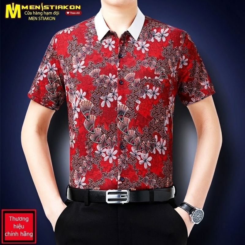Áo Sơ Mi Ngắn Tay Nam In Hoa Băng Lụa Mùa Hè Phong Cách Trung Niên Màu Đỏ, Xanh Lá, Đen...